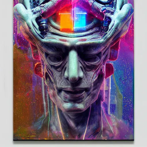 Prompt: an enigmatic and terrifying painting of a cyberpunk sculpture by michelangelo colour, hyper detail, 8 k, one giant oak, universe, nebula, burst of colour, imaginary, roots, concept art, out of this world, depth, incredible depth