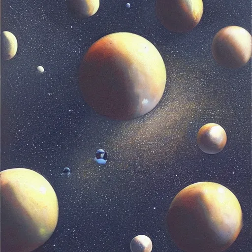 Prompt: spheres in space painted with oil paints. artwork by scott listfield, trading on artstantion