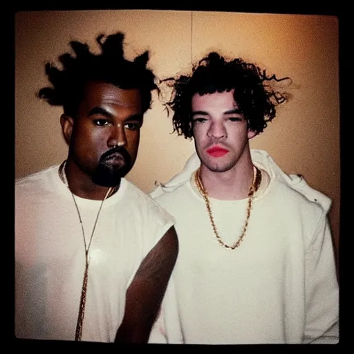 Prompt: “ kanye west and matty healy sharing a drink at the pub ”