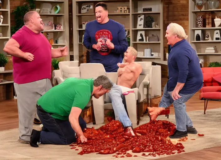 Image similar to qvc tv show product showcase pile of nasty chili spilled everywhere, chunky sloppy fat men no shirts wrestling in chili, wet, studio audience, limited time offer, call now, extremely detailed, horror, 4 k, hd