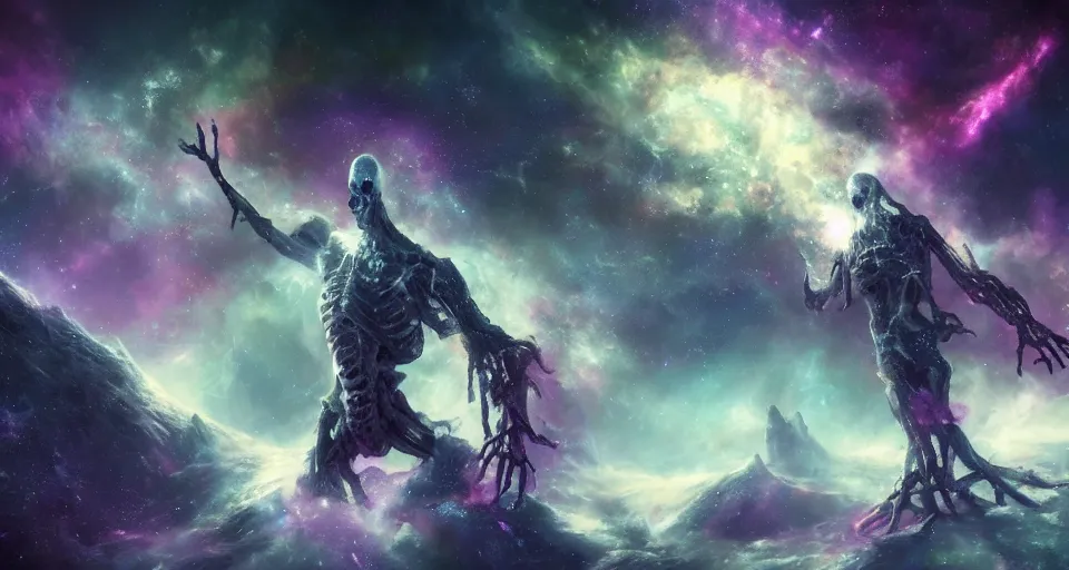 Prompt: a photo of one enormous humanoid pearlescent!! smoke!! skeletal cosmic!! old god!! floating in space!! in a nebula!!!!, 4 k, unreal engine, concept art, matte painting, cosmic horror!!, nightmare, color accents,