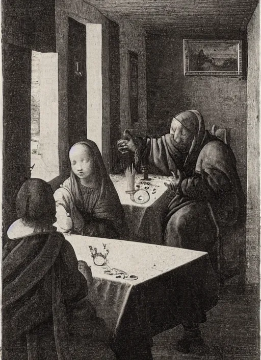 Prompt: a candlelit table at the inn, evening, dark room, two young people sitting at the table, swirling smoke, dark smoke, realistic, in the style of leonardo da vinci, dutch golden age, amsterdam, medieval painting by jan van eyck, johannes vermeer, florence