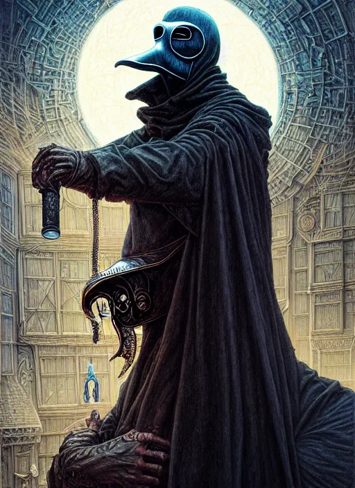 Prompt: portrait of plague doctor, hyper detailed masterpiece, dystopian background, jean giraud, digital art painting, darkwave goth aesthetic, lovecraftian, artgerm, donato giancola and tom bagshaw