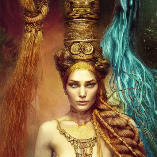 Image similar to birth of sumerian goddess inanna ishtar, ashteroth, techno mystic goddess princess intergalactica, with aqua neon rapunzel dreadlocks, mami wata, detailed, by gaston bussiere, bayard wu, greg rutkowski, giger, maxim verehin, greg rutkowski, masterpiece, sharp focus, sandro botticelli