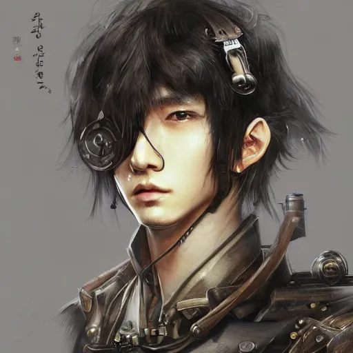 Image similar to portrait of a man by ayami kojima, korean, he is about 2 0 years old, short black hair with bangs, very tall and slender, smart looking, he is wearing a steampunk tactical gear, highly detailed portrait, digital painting, artstation, concept art, smooth, sharp foccus ilustration, artstation hq