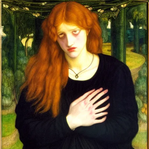 Image similar to The Sorrowful Qween Gwyneth by Dante Gabriel Rossetti, oil on canvas, realist quality