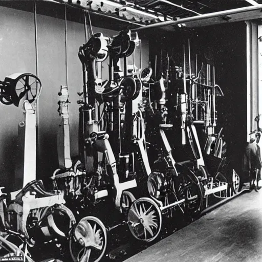 Image similar to a historical photograph of Marcel Duchamp surrounded my ancient machines in a vast empty white room, 1919, courtesy of Centre Pompidou