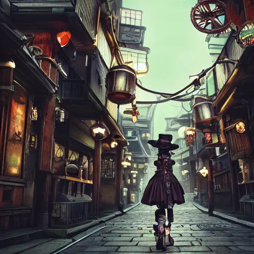 Prompt: steampunk witch making potions in the streets of japan, fairy tale, stunning, surrounding cinematic light, hyper detailed, ornate and intricate, 4 k cinematic octane render