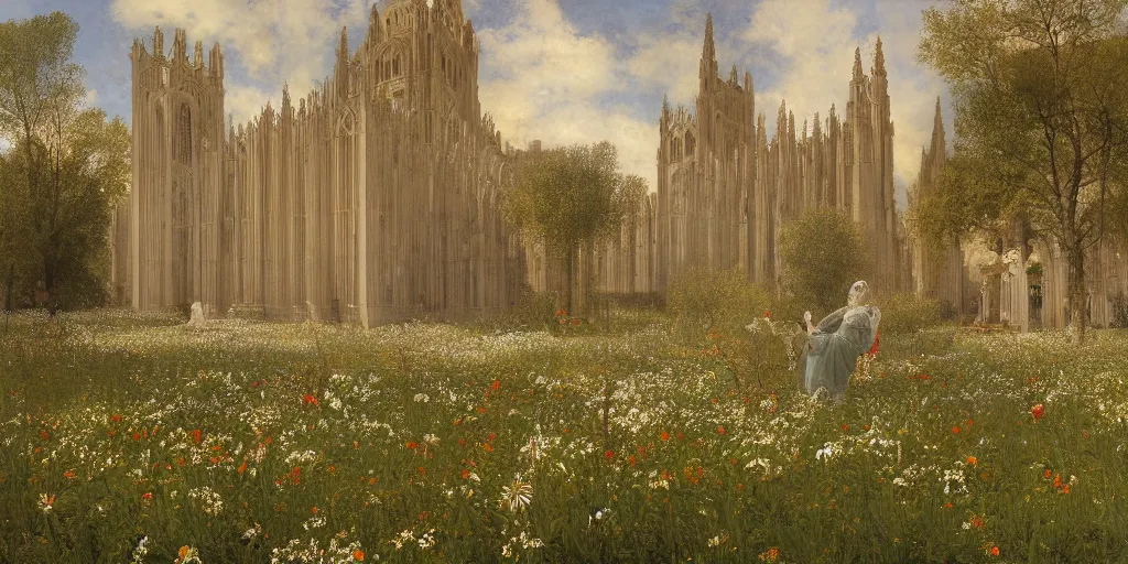 Image similar to a recursive cathedral made of marble within a wildflower meadow at dawn, infinite regress, droste effect, in the style of alma tadema