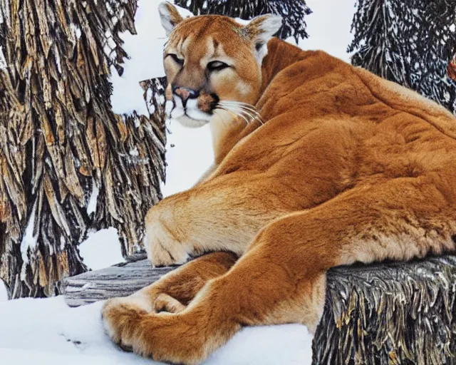 Prompt: colouring book showing 'a cougar sleeping in the middle of snowy pine tree' laying on coffee table, zoomed out shot, HD, iphone capture