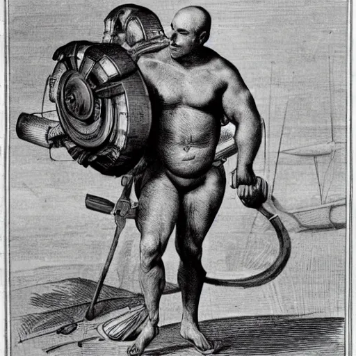 Image similar to a muscular bald man carrying engines on his back, technical diagram