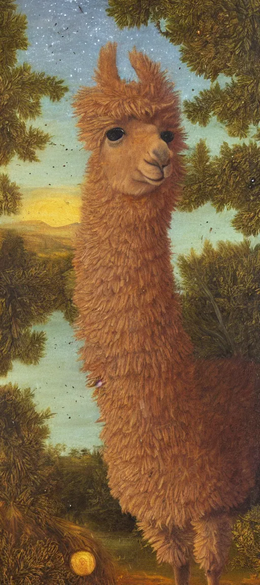 Image similar to detailed renaissance oil painting of an alpaca in the forest of pastel feathers lit by small fireflies at night