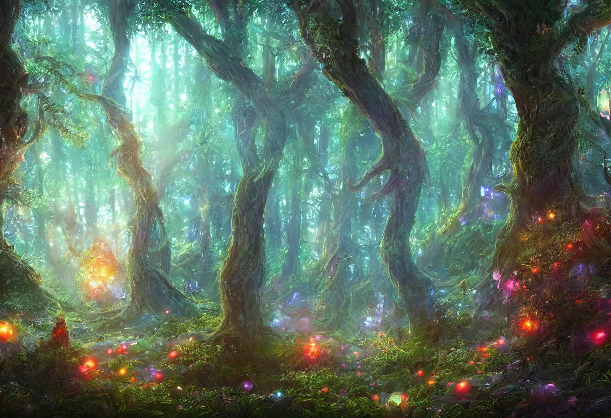 Image similar to A masterpiece digital art piece of a glowing magical forest. There are glowing blue plants, glowing red mushrooms, big trees and overhanging shrubbery. The air is fresh, stress-relieving. Heaven on earth. Trending on Artstation, cgsociety.