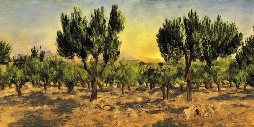 Image similar to flourishing blooming garden full of olive trees in italy, painting by manet, matte painting, canvas, 4 k, 8 k, high detail, golden hour, sunset, epic light, shadows, contrast,