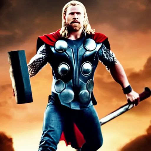 Image similar to thor with canine head, holding a hammer, cinematic thunder background