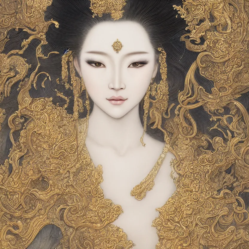 Image similar to amazing exquisite matte painting, front close - up portrait of a chinese white loong, sacred,, shimmer, exquisite detail huge details, gold detailed line work, by xision and yukii morita,, james jean, trending on artstation