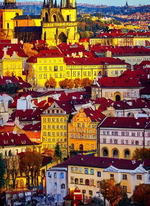 Image similar to painting of beautiful shot of Royal medieval European city like Prague mixed with Istanbul like Islamic architecture with greenery all around , autumn colors