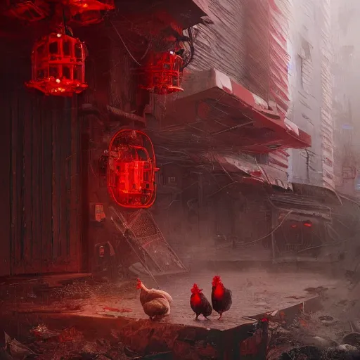 Image similar to chickens growing out of red mushroom, highly detailed, illustration, sci - fi art, cyberpunk, in the style of greg rutkowski, epic, realistic, intricate, hyper detailed, artstation, concept art, smooth, sharp focus, ray tracing