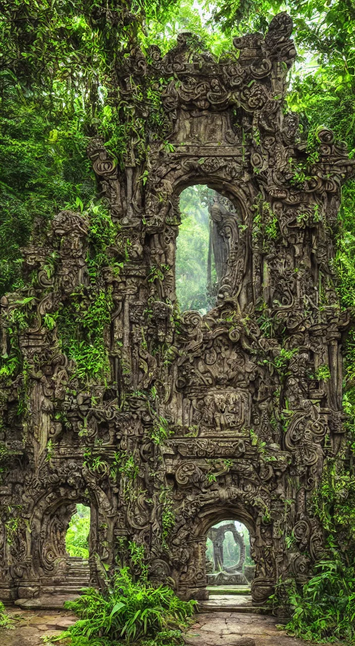 Prompt: Starway Entrance to a Mystical Valhalla Jungle Temple, Stone entrance with intricate detail, Ancient jungle temple, overgrown in lush vegetation, lush colors, vibrant colors, majestic, slight fog in the distance, photo-realistic, detailed, 4k