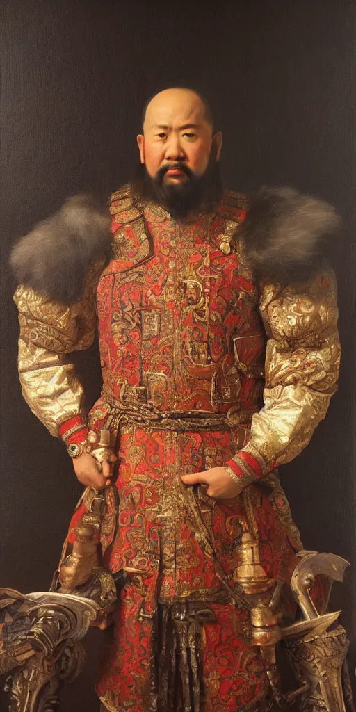 Image similar to Highly detailed and cinematic Renaissance period portrait oil painting Kublai Khan, an oil painting ((masterpiece)) by ((Josep Tapiró Baró)), dynamic lighting, 8K