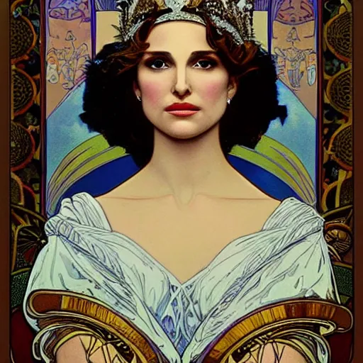 Image similar to natalie portman portrait by louis - theophile hingre and alphonse mucha, realistic, sharp focus, zodiac signs, tarot cards, planets, ethereal, art nouveau, magic, moon, sun, crown, dreamy, royal, jewellery