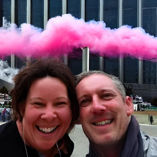 Image similar to a couple of parents to be, smiling in front of 9 / 1 1 with pink smoke