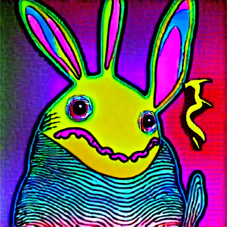 Image similar to a detailed digital art of a bunny disguised as a shark in the style of junji ito and moebius and giger, rainbow color scheme, ornate, photosynthetic,8k,award winning art,