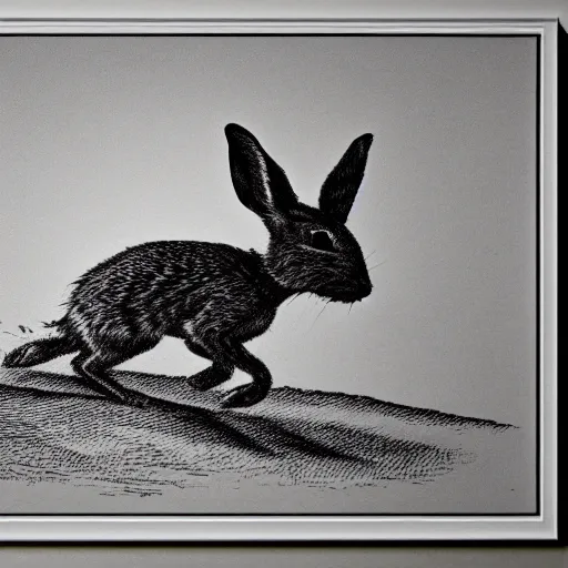 Prompt: bold etching of a jackrabbit running downward