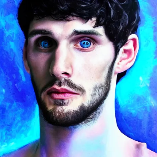 Prompt: colin morgan, handsome portrait, as merlin, hyper real, glow, sapphire blue eyes, 4 k, award winning portrait.