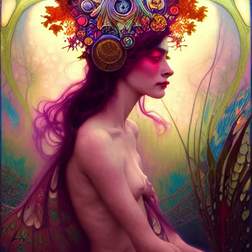 Image similar to An extremely psychedelic fairy queen, surreal, dramatic lighting, magic mushrooms, psilocybin, LSD, face, detailed, intricate, elegant, lithe, highly detailed, digital painting, artstation, concept art, smooth, sharp focus, illustration, art by Krenz Cushart and Artem Demura and alphonse mucha
