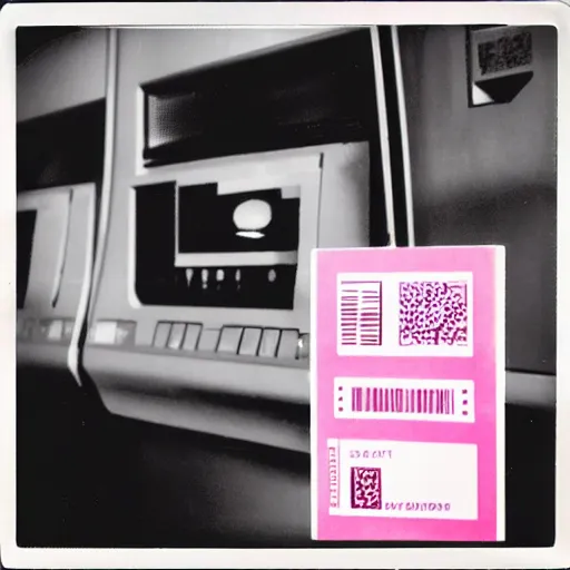 Image similar to a filmic polaroid photo of tickets printing from a ticket machine with symbols, vector graphic design of pale pink airline tickets that read “ to the metaverse ” in bold text, alien ar code and e - ink display, highly detailed, no noise, coherent text english characters