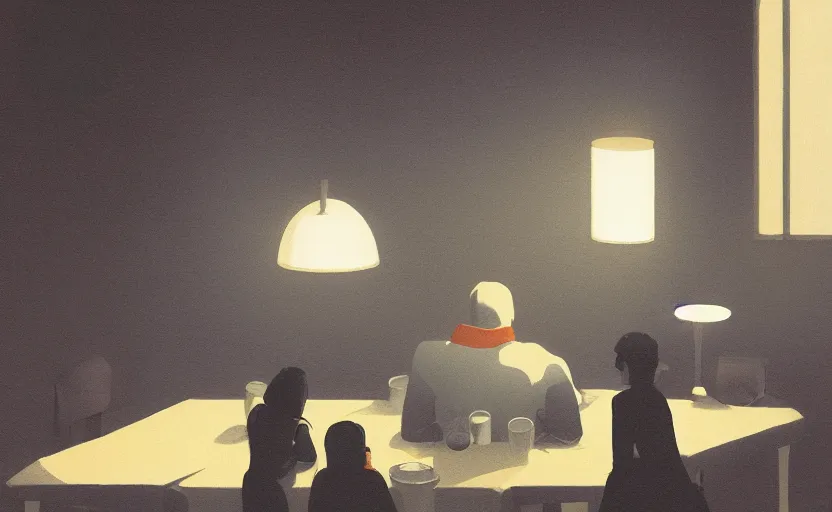 Image similar to a mysterious dimly lit dinner scene japanese digital art illustration by atey ghailan and escher and edward hopper, surreal