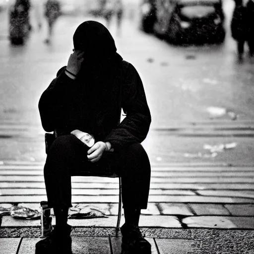 Image similar to black and white fashion photograph, highly detailed portrait of a depressed white drug dealer sitting on a bench on a busy Paris street, looking into camera, eye contact, natural light, rain, mist, lomo, fashion photography, film grain, soft vignette, sigma 85mm f/1.4 1/10 sec shutter, Daren Aronofsky film still promotional image, IMAX 70mm footage