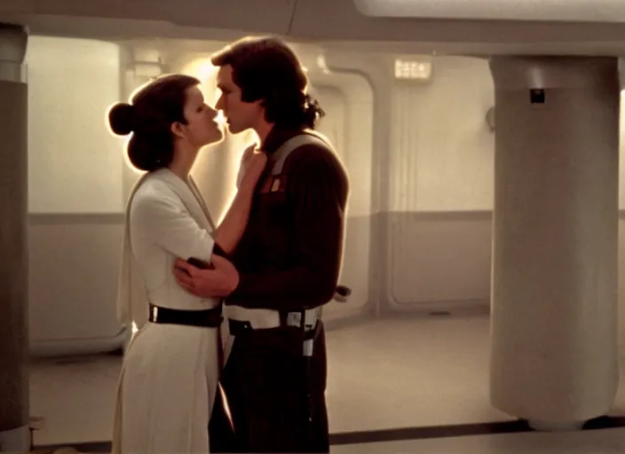 Image similar to screenshot of Han Solo kissing Princess Leia Organa, alone,, iconic scene from 1970s Star Wars film directed by Stanley Kubrick, in a sci fi nursing home architecture, last jedi, 4k HD, cinematic still frame, photoreal, beautiful portraits, moody lighting, stunning cinematography, anamorphic lenses, kodak color film stock