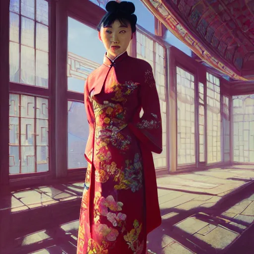 Image similar to portrait of chinese lady in cheongsam, highly detailed vfx portrait, unreal engine, greg rutkowski, loish, rhads, caspar david friedrich, makoto shinkai and lois van baarle, ilya kuvshinov, rossdraws, elegent, tom bagshaw, alphonse mucha, global illumination, detailed and intricate environment