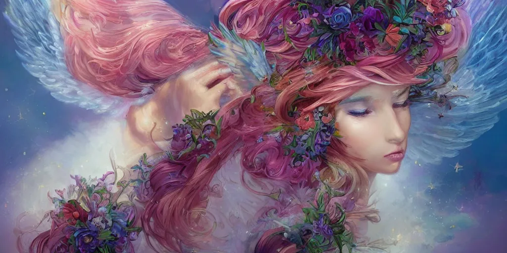 Image similar to a colorful and provenance portrait painting of a angel with her hugeflowers wings spread out gracefully ， detailed, highly detailed, hair made of hair made of air wind and curling smoke, mist, dust, genie, flowers, flower, stars, spirit fantasy concept art ， art by charlie bowater and aenami, trending on artstation.