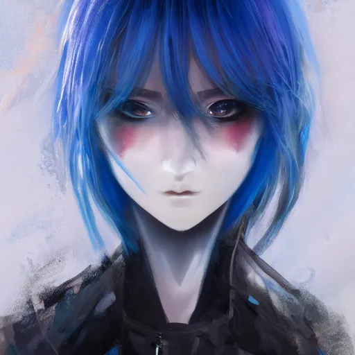 Image similar to full face shot of rimuru tempest, sky blue straight hair, long bangs, closed eyes, wearing a fancy black jacket, high collar, ultra detailed, brush strokes, digital painting, cinematic, wlop artstation, closeup, pixiv, eerie, scary, overpowering, evil, yoshitaka amano, andy warhol,