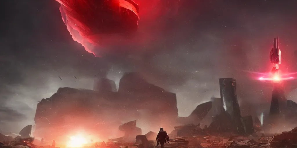 Image similar to a human standing front of a huge towering and broken stone tablet with red light + alien pattern + an abandoned spaceship, stands in the center of a prosperous city at the end of the world, and the power and energy is explode, secret, mysterious, doomsday, landscape, 1 5 mm lens, video game control, quantum break, arknights,