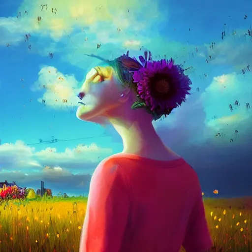 Image similar to girl with a full daisies head, surreal photography, flower field, sunset dramatic light, impressionist painting, colorful clouds, blue sky, digital painting, artstation, simon stalenhag