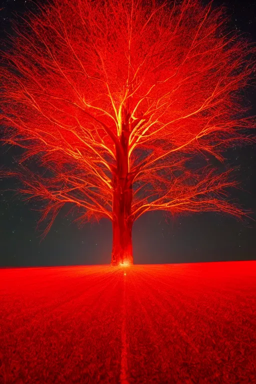 Prompt: A giant glowing red tree made out of light in the center of a corn field blasting off into space, 8K UHD, blue color scheme
