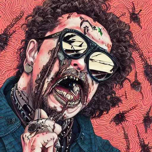 Prompt: portrait closeup of mad post malone as zombie wearing sunglasses and cowboy and guitars and spiders around, symmetrical, by yoichi hatakenaka, masamune shirow, josan gonzales and dan mumford, ayami kojima, takato yamamoto, barclay shaw, karol bak, yukito kishiro