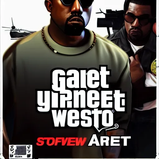 Prompt: Kanye West in GTA V, cover art by Stephen Bliss, artstation