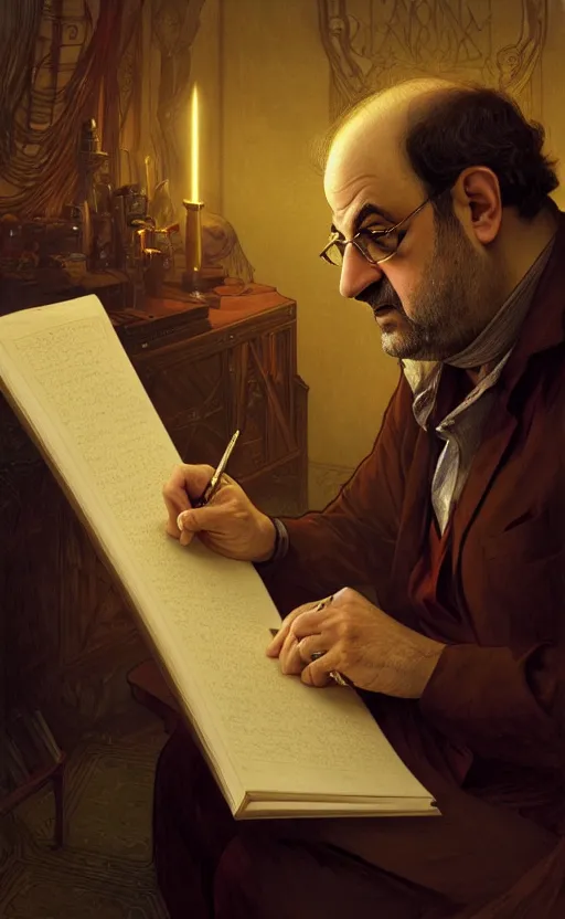 Image similar to portrait of salman rushdie writing in the dark, deep focus, d & d, fantasy, intricate, elegant, highly detailed, digital painting, artstation, concept art, matte, sharp focus, illustration, art by artgerm and greg rutkowski and alphonse mucha