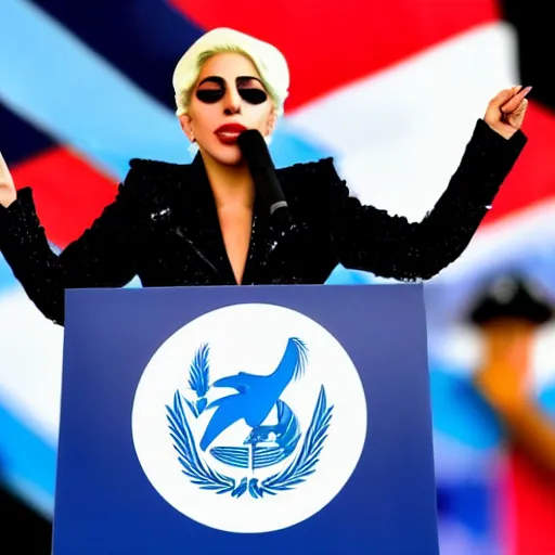 Image similar to Lady Gaga as president, Argentina presidential rally, Argentine flags behind, bokeh, giving a speech, detailed face, Argentina