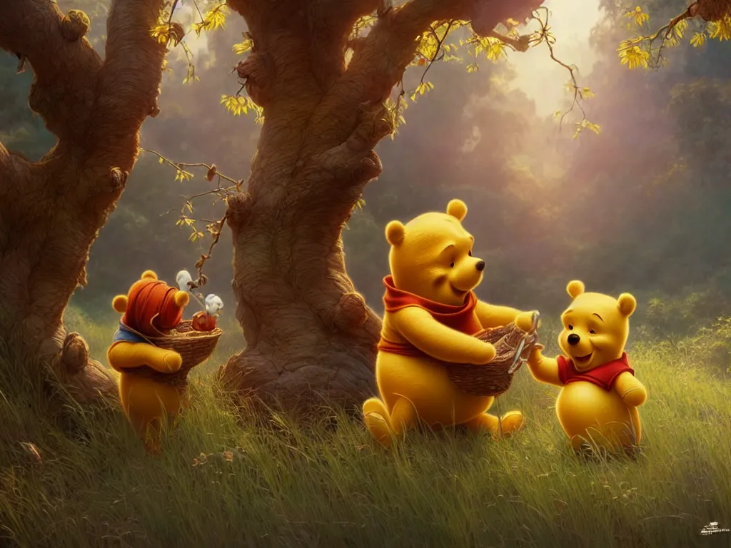 Prompt: winnie the pooh with chinese president xi jingping, cute and cuddly, highly detailed, photorealistic, octane render, 8 k, unreal engine. art by artgerm and greg rutkowski and alphonse mucha