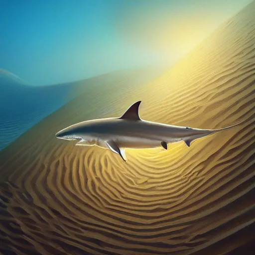 Prompt: a desert shark swimming through sand dunes, warm and cool colour palette, digital painting, intricate, highly detailed, smooth, sharp focus, artstation, art by lily abdullina and justin gerard,