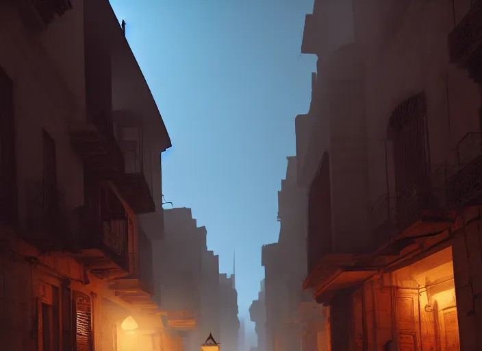 Image similar to cairo old streets + night life of 1 9 4 0, muizz street + street beggars + highly detailed, 8 k matte, cinematic lighting, artstation, matte painting, volumetric lighting