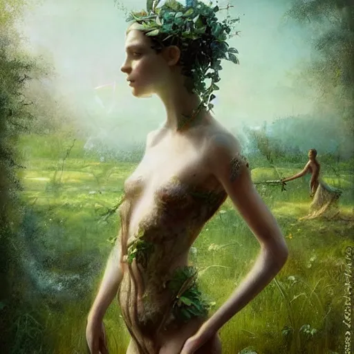 Image similar to a solarpunk very very very beautiful lush landscape of a beautiful nymph in a field are of broken stone words with cyborg workers picking up the broken stone and trying to put them back together, hyperrealistic, award - winning, masterpiece, in the style of tom bagshaw, cedric peyravernay, peter mohrbacher
