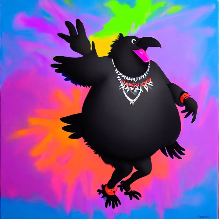 Image similar to a fat anthropomorphic male raven fursona dancing at a rave, furry, oil on canvas, cute, vivid saturation