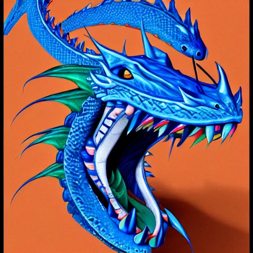 Prompt: highly detailed portrait of a blue dragon with a white lower jaw and orange eyes